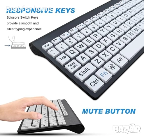 HXMJ Безжичен комплект клавиатура и мишка с голям шрифт и USB приемник, снимка 5 - Клавиатури и мишки - 51934303