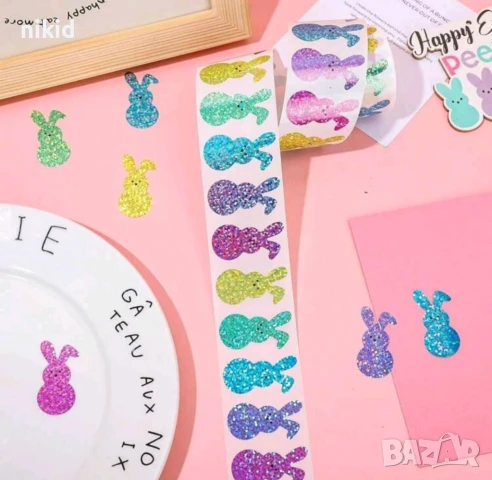 100 бр Холограмни зайчета заек големи самозалепващи лепенки стикери за ръчна изработка за подарък, снимка 3 - Други - 51288448