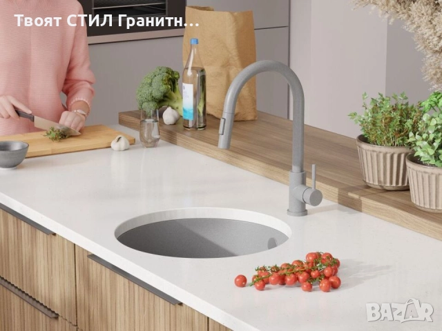 Сива кръгла кухненска мивка за вграждане под плот Валета 50 460x460 мм