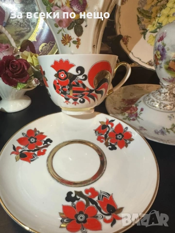 Lomonosov Imperial Porcelain Factory "Red Rooster" tea cup and saucer Код P1956, снимка 10 - Декорация за дома - 53926034