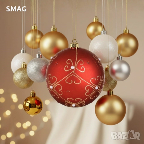 Коледна топка червена мат с флорален мотив Ø15 см_1254113, снимка 2 - Други - 52354454