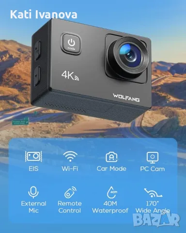 WOLFANG Wi-Fi Екшън камера 4K 20MP GA100, водоустойчива 40M подводна камера за гмуркане , EIS , снимка 2 - Камери - 47472975