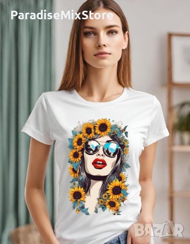 Дамска тениска момиче със слънчогледи, снимка 1 - Тениски - 46154678