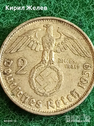 Сребърна монета 2 райхсмарки 1939г. Германия Трети Райх с Свастика за КОЛЕКЦИОНЕРИ 34839, снимка 5 - Нумизматика и бонистика - 53615578