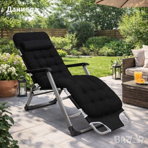 Сгъваем градински шезлонг с ватирана възглавница, регулируема облегалка и антикорозионна рамка, снимка 6 - Градински мебели, декорация  - 53891380