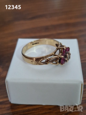 Старинен златен пръстен с диамант и рубини, снимка 3 - Пръстени - 54075674