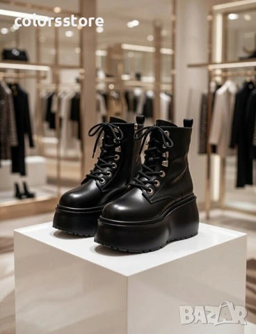 Боти на платформа - черна кожа - 56WL16

