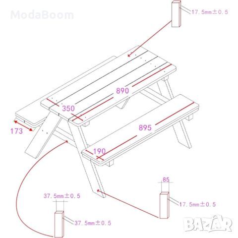 Детска Маса за Пикник с Пейки и Меки Възглавници , Градинска, Дървена, 89х79х50 см, снимка 16 - Маси - 46763772