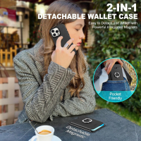 Калъф TUCCH Wallet за iPhone 15 Pro с държач за магнитна карта от PU кожа със стойка, черен, снимка 7 - Калъфи, кейсове - 44975943