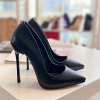 Обувки на ток - черна кожа с черен ток - 6060, снимка 1 - Дамски обувки на ток - 45350595