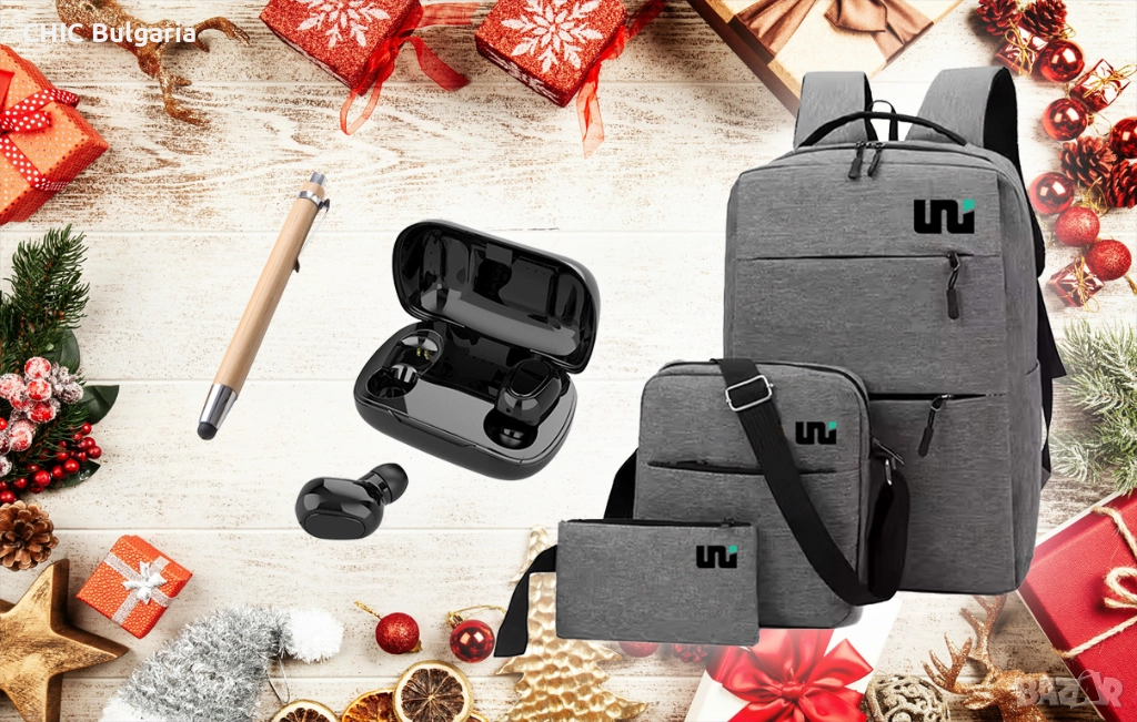 Раница, безжични слушалки и бамбуков химикал + Подарък коледни лакомства, снимка 1