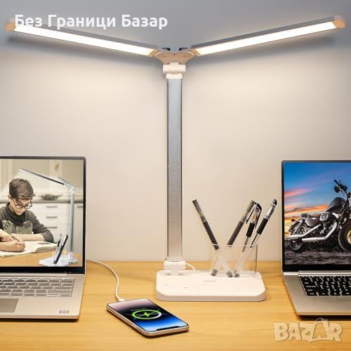 Нова Двойна LED Лампа за Бюро с USB Порт и Регулиране на Яркостта, снимка 1