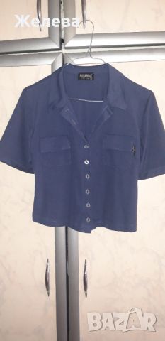 Дамска тъмно-синя къса риза, с къс ръкав, снимка 1 - Ризи - 46396923