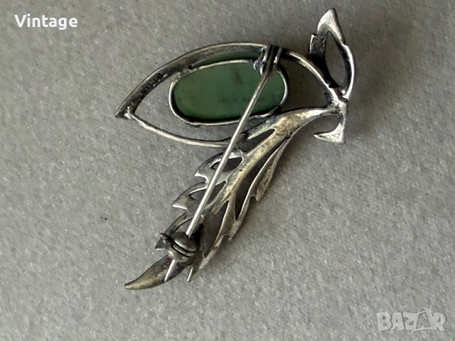 Старинна сребърна брошка с естествен рядък камък Нефрит, снимка 5 - Колиета, медальони, синджири - 54223525