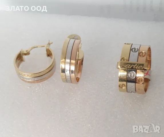 Златни обеци и пръстен 3 цвята -14К, снимка 2 - Обеци - 49617917