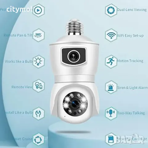 Двойна PTZ WiFi камера, Dual Lens 5 Mpx, Full HD, SD слот, LED лампа, 360°, нощно виждане, снимка 10 - IP камери - 47343134