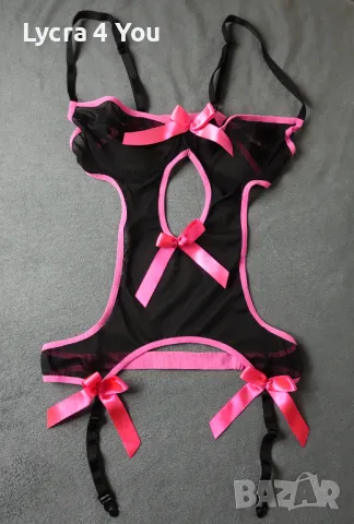 XS/S еротично черно тюлено боди с розови елементи и панделки, снимка 7 - Бельо - 50105409