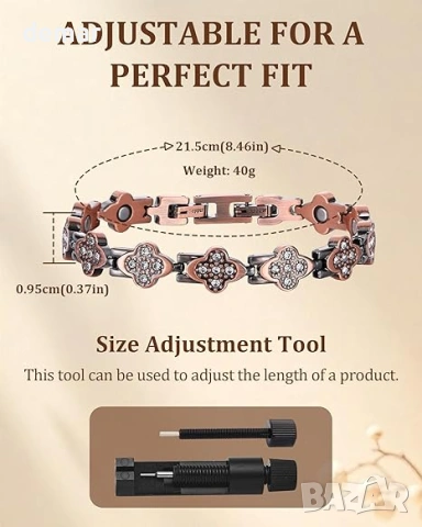 Гривна от мед BioMag 99.99% за жени, магнитна гривна за жени с дизайн на детелина за късмет, снимка 5 - Гривни - 54217331