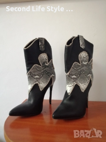 №36 дамски кожени боти ботуши със змийска кожа и кристали, висок тънък ток и остър връх, снимка 4 - Дамски боти - 54218486
