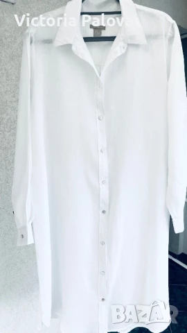 Бяла ленена рокля-риза H&M, снимка 8 - Рокли - 51109805