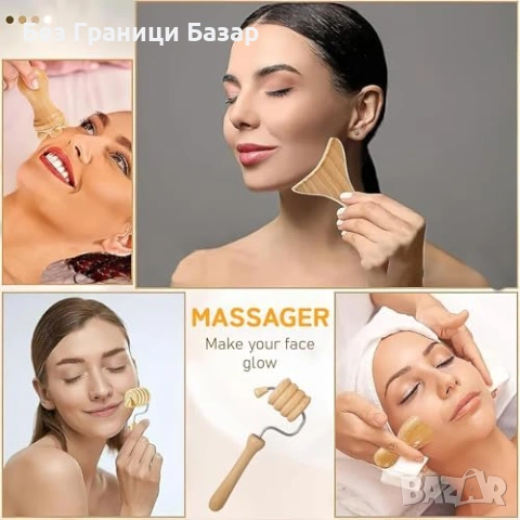 Нов 7 части дървен комплект за мадаротерапия и масаж на лице гуаша ролер, снимка 4 - Други - 53818190