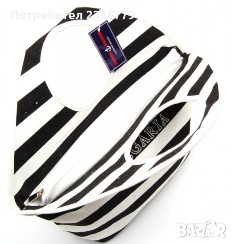 Дамска модерна Лятна чанта текстил - раирана - черно и бяло с надпис , снимка 3 - Чанти - 45651603