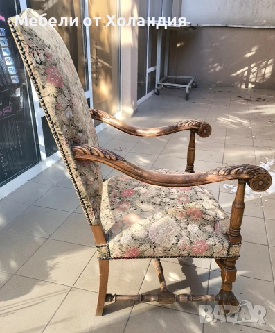 Белгийско кресло с дърворезба, снимка 5 - Дивани и мека мебел - 53084509