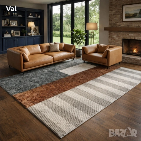 Модерен килим за хол 120х160см - Кафяв меланж с бежови райета и 3D ефект, Противоплъзгащ, снимка 5 - Килими - 53932903