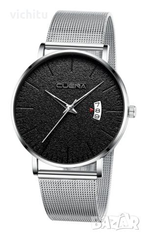 Много красив нов мъжки часовник с метална меш верижка в сребърен цвят и датопоказател.