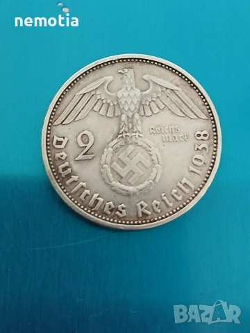 Рядка сребърна немска монета 1938г, снимка 4 - Нумизматика и бонистика - 53581906