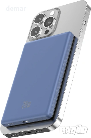 Магнитна външна батерия, 5000mAh, 20W за iPhone 17/16/15/14/13/12 серия, синя