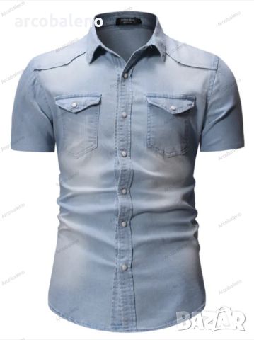 Нова мъжка едноцветна дънкова риза с джобове и къс ръкав, 4цвята , снимка 7 - Ризи - 46446257