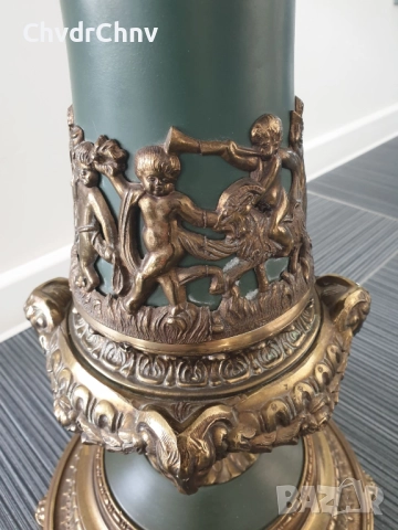 67см френска конзолна маса/дърво-бронз-месинг-кожа/масичка-пиедестал-поставка, снимка 5 - Антикварни и старинни предмети - 52956609