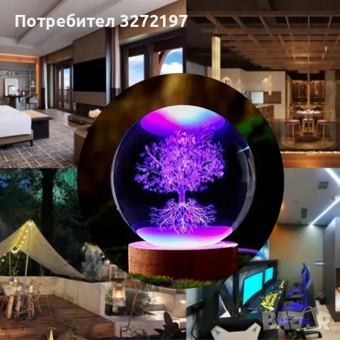 LED Светеща кристална топка/лампа, 3D сензорна -Дървото на живота, снимка 2 - Настолни лампи - 46918206