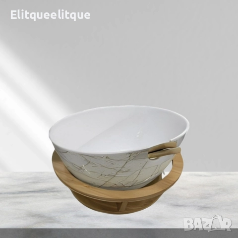 Керамична купа с дървена стойка и мраморен ефект, снимка 4 - Декорация за дома - 52186370