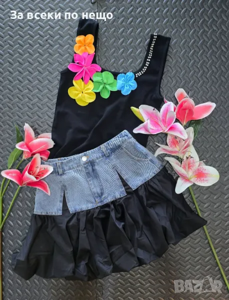 Дамски Комплект Черен Потник С 3D Цветни Цветя И Къса Пола С Деним Акцент Код VL-77, снимка 1