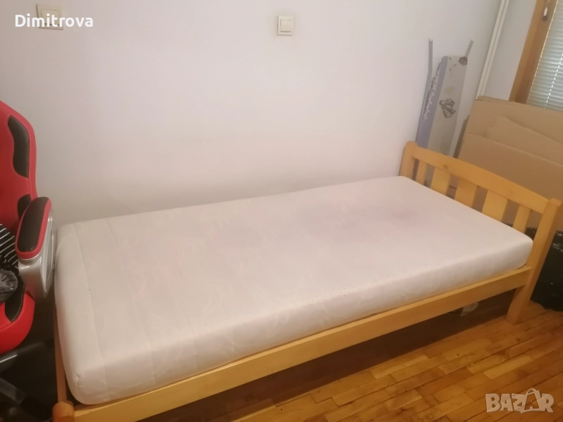 Употребявано единично дървено легло 90 x 200 см + двулицев матрак Тед + подматрачна рамка, снимка 1
