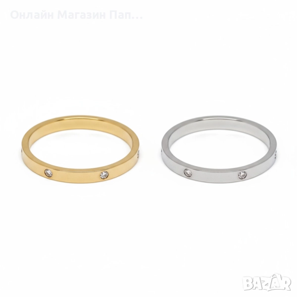Пръстен от неръждаема стомана с фин цирконов обков – златист и сребрист, снимка 1