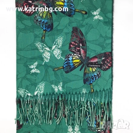 Кашмирен дамски шал в зелено с пеперуди и ресни Код на продукта:sh-10-4, снимка 1