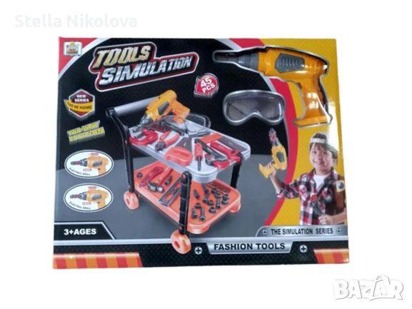 Играчка Работна количка с инструменти и винтоверт с батерии, снимка 1