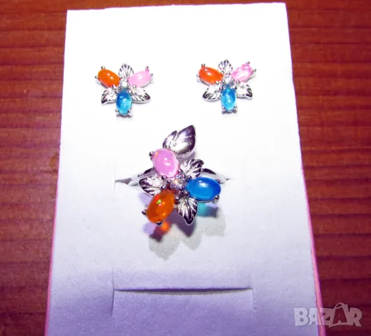 925 сребърни обеци и пръстен с натурални опали подходящи за подарък, снимка 2 - Бижутерийни комплекти - 50230575