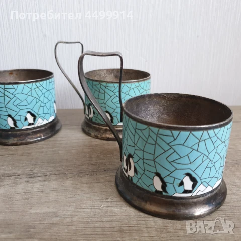 Подстакани за чаши с дизайн на пингвин, СССР, посребрени, снимка 3 - Антикварни и старинни предмети - 51004397