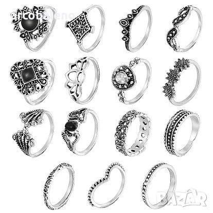Дамски комплект от 15бр. стилни метални пръстени, снимка 1 - Пръстени - 45519743