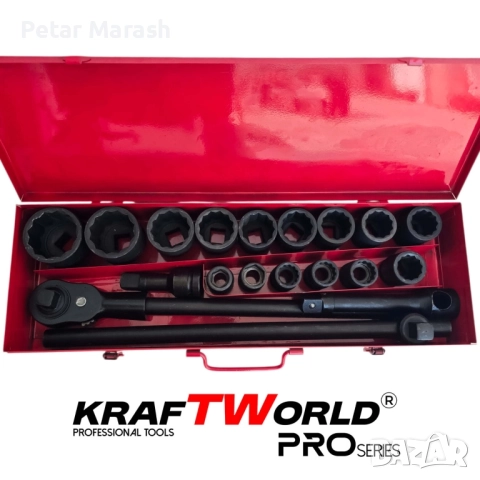Гедоре 21 части с 12-стенни ударни вложки KraftWorld 3/4″ – професионален комплект за камиони, снимка 5 - Гедорета - 51465044