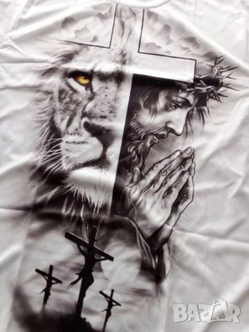Стилна мъжка елегантна тениска с къс ръкав, шарка на кръст и лъв, снимка 8 - Тениски - 45864641
