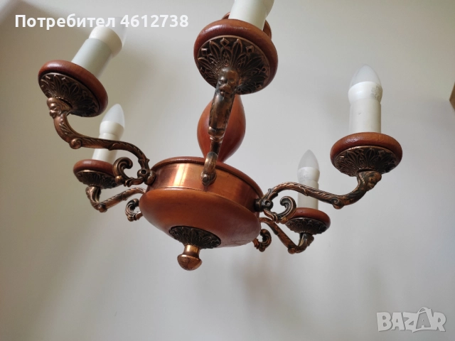 Винтидж полюлей от дърво и месинг, снимка 2 - Полилеи - 51937235