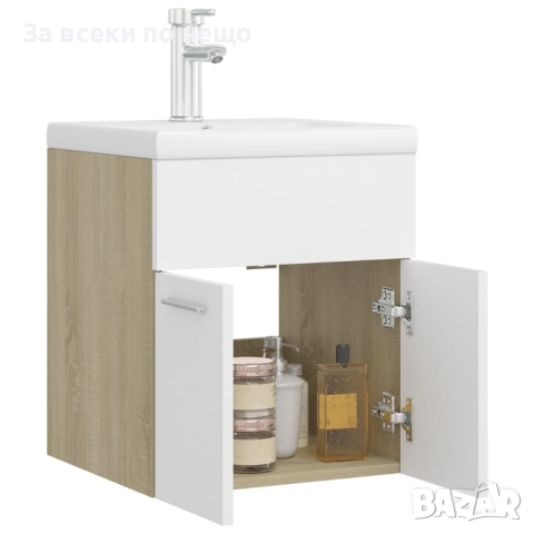 Шкаф за баня с вградена мивка, бяло и дъб сонома, ПДЧ, снимка 8 - Шкафове - 44985075
