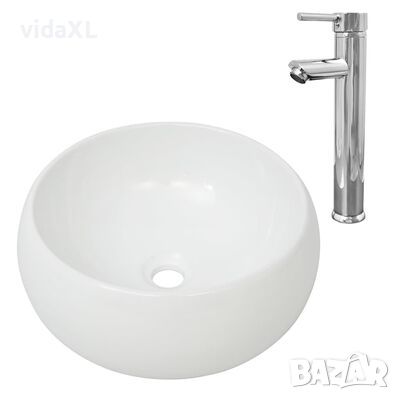 vidaXL Мивка за баня със смесител, керамична, кръгла, бяла(SKU:275495, снимка 1 - Мивки - 46153677