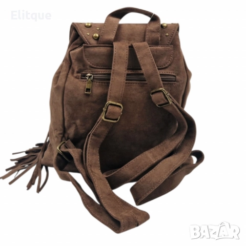 Велурена дамска раница с ресни и метални нитове – бохо стил и практичност, снимка 4 - Чанти - 52459500