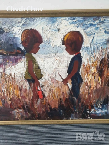 Folke Larsson 66х55см/стара шведска картина масло върху платно/деца-момче-момиче/дървена рамка, снимка 2 - Картини - 52076911